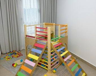 Wooden Montessori Inspired Indoor Playground | Customizable Square Climbing Gym for Toddlers and Kids with Interchangeable Accessory Boards