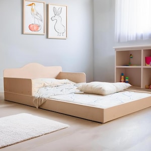 Floor Bed  Handmade from Plywood | Montessori Inspired Bed | Kids Wooden Bed with Rails | Toddler Bed with Legs and Slats | Co-Sleeping Bed