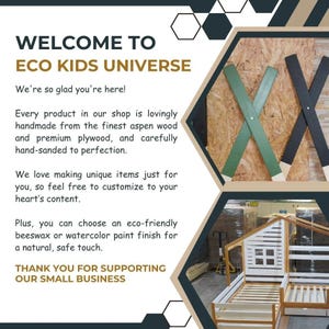 May include: Welcome to Eco Kids Universe, a shop that makes unique, handcrafted wooden furniture for children. The image shows a white wooden bed frame in the shape of a house, with a green and black wooden X design in the background.
