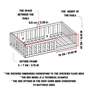 May include: Diagram of a bed frame with measurements in inches and centimeters. The space between the rails is 3.38 inches or 8.6 centimeters. The height of the rails is 16.54 inches or 42 centimeters. The outside frame is 2.75 inches or 7 centimeters. The bed is 27.55 inches or 70 centimeters wide.