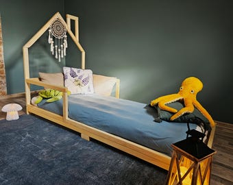 Handcrafted Wooden Toddler Bed with House Frame and Side Rails | Eco-Friendly Montessori-Inspired Bed for Kids | Multiple Colors Available