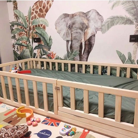 Montessori Floor Bed For Kids - Twin Size Low Bed Frame With Safety Guardrails & 2 Openings, White Wooden Bed For Toddlers & Big Kids