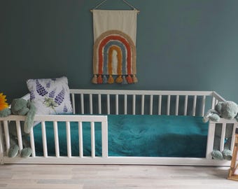Toddler Floor Bed with Door and Round Rails | Montessori Inspired Bed | Multiple Color Options Available | Toddler Bed | Co-Sleeping Bed |