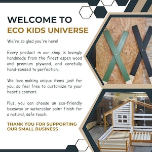 Puede incluir: Bienvenido a Eco Kids Universe, una tienda que fabrica muebles de madera &uacute;nicos y hechos a mano para ni&ntilde;os. La imagen muestra un marco de cama de madera blanca en forma de casa, con un dise&ntilde;o de X de madera verde y negro en el fondo.