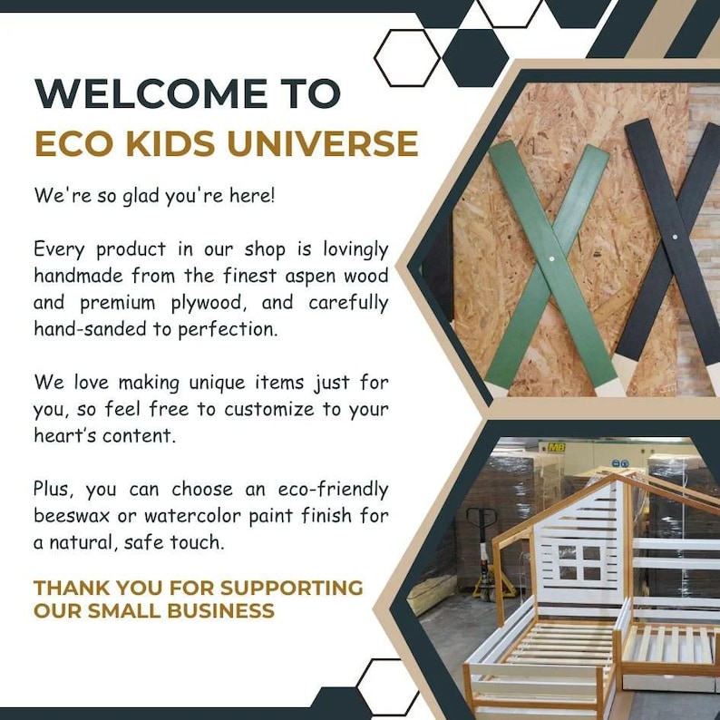 Puede incluir: Bienvenido a Eco Kids Universe, una tienda que fabrica muebles de madera &uacute;nicos y hechos a mano para ni&ntilde;os. La imagen muestra un marco de cama de madera blanca en forma de casa, con un dise&ntilde;o de X de madera verde y negro en el fondo.