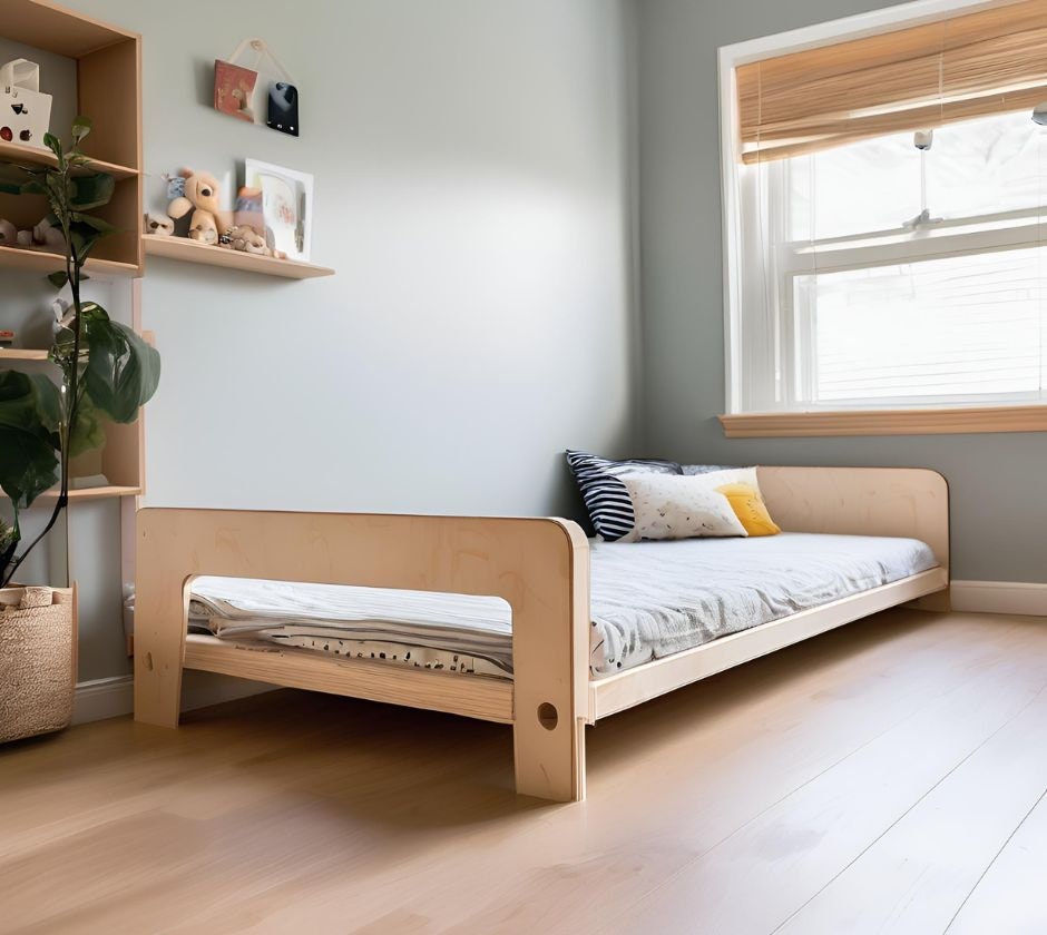 Floor Bed Handmade from Plywood Montessori Inspired Bed Kids Wooden Bed with Rails Toddler Bed with Legs and Slats Co Sleeping Bed