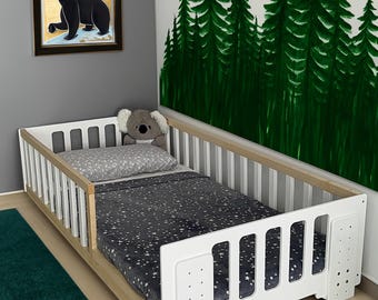 Adjustable Toddler and Kids Bed | Wooden Floor Bed with 6 Height Modifications | Modern Montessori-Inspired Style | Bed for Growing Children