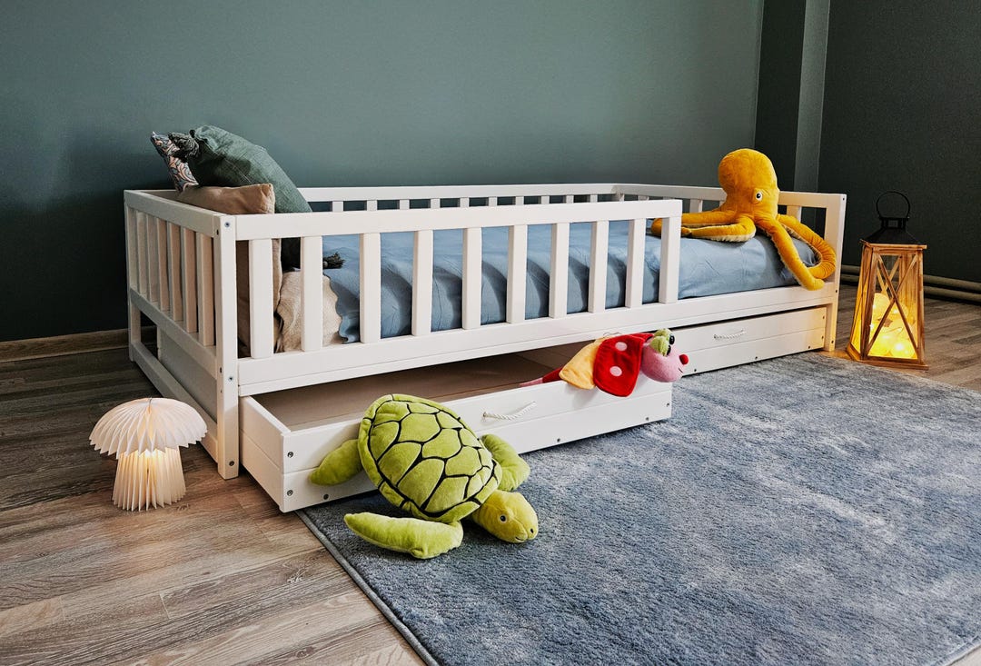 Buy Floor Bed Wooden Toddler Bed With Safety Rails Storage Drawers,  Eco-friendly Children's Bed Frame Kinderbett Kids Bed Online in India 