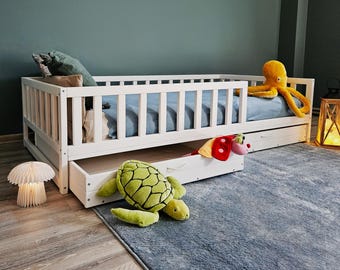 Floor Bed , Wooden , Toddler Bed with Safety Rails & Storage Drawers, Eco-Friendly Children's Bed Frame , Kinderbett , Kids Bed