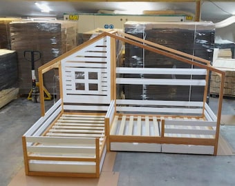 L-Shaped Toddler Beds with Shelves and Optional Storage Drawers - Perfect for Two Kids | Eco Friendly Montessori-Inspired Beds