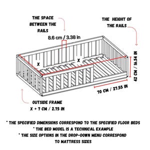 May include: Diagram of a bed frame with measurements in inches and centimeters. The space between the rails is 8.6 cm / 3.38 in. The height of the rails is 42 cm / 16.54 in. The outside frame is X + 7 cm / 2.75 in. The length of the frame is 70 cm / 27.55 in.