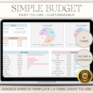 Simple Budget Spreadsheet Template | Google Sheets Monthly Budget Planner | Digital Budget, Debt, and Savings Tracker for Easy Finances