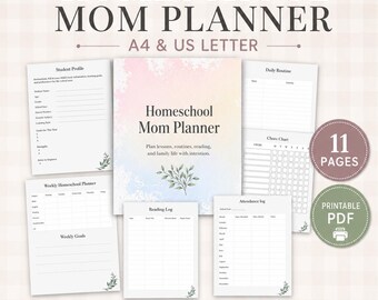 Homeschool Mom Planner, Student Profile, Lesson, Reading, Attendance Logs (PDF)