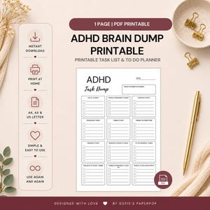 May include: A one-page ADHD brain dump printable task list and to-do planner. The document features sections for calls, emails, appointments, household tasks, errands, and random thoughts. It includes text indicating A4, A5, and US Letter sizes.