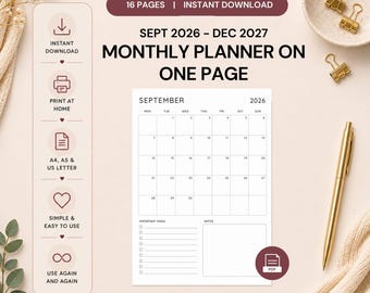 Monthly Planner 2026-2027 – One Page Organizer (Digital Download)