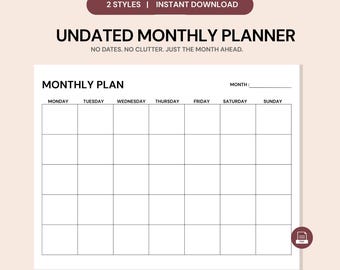 Undated Monthly Planner Printable | Blank Calendar, Sunday Monday Start | A5 A4 US Letter