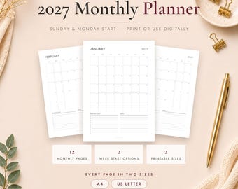 2027 Monthly Planner PDF | Fillable & Printable Calendar (A4, US Letter)