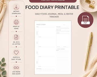 Food Diary Printable, Daily Food Journal, Meal & Water Tracker, Minimalist Health Log, A4 A5 US Letter, GoodNotes Digital
