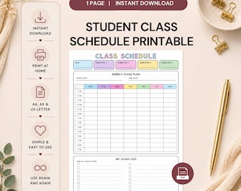 Student Class Schedule Printable | Weekly Class Planner | A4 A5 US Letter PDF