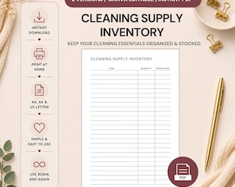 Cleaning Supply Inventory Printable | Cleaning Supplies Tracker | Home Inventory Checklist
