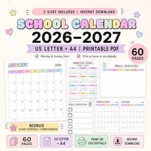 Op de afbeelding: Een printbare schoolkalender van 60 pagina's voor 2026-2027 in US Letter- en A4-formaat. De digitale PDF bevat maandelijkse kalenderpagina's, een lesrooster en een examenrooster met pastelkleurige koppen, rasterindelingen en ster- en hartpictogrammen.