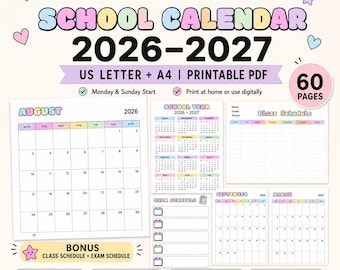 Academic Year Calendar 2026-2027, Student Planner, Pastel Style (Digital Download)