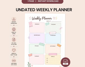Undated Weekly Planner Printable | Pastel Design, Goals Section (A4/A5/US Letter) (Digital Download)