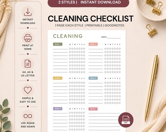 Cleaning Checklist Printable | Monthly Cleaning Planner | Weekly Chore Chart | 2 Styles