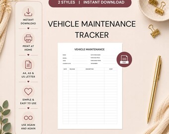 Vehicle Maintenance Log Tracker | Car Repair Mileage Record (A5 A4 US Letter)