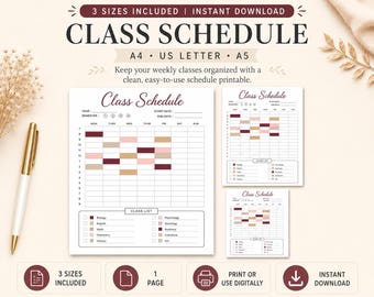 Class Schedule Printable, Weekly Student Timetable, College Semester Planner, A4 US Letter A5 PDF