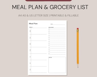 Weekly Meal Planner Printable, Fillable Grocery List (A4 A5 US Letter)