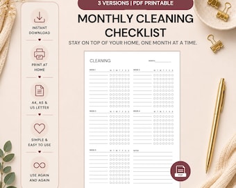 Monthly Cleaning Checklist Printable | Home Organization Tracker (PDF Download)