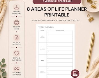 8 Areas of Life Planner Printable | Yearly, Quarterly, Monthly Goals (PDF)