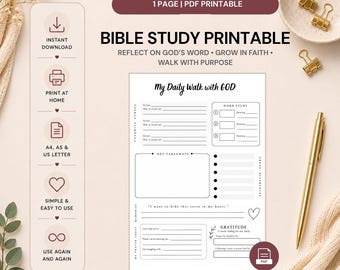 Daily Bible Study Printable, Devotional Journal Page, Scripture Worksheet (PDF Download)