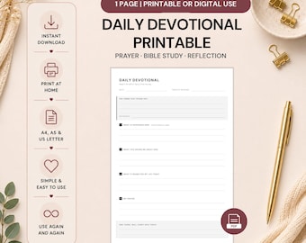 Daily Devotional Printable, Christian Prayer & Bible Study Reflection Sheet PDF