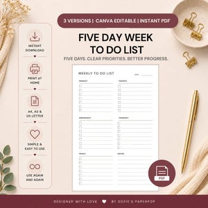 Puede incluir: Una plantilla digital de lista de tareas para una semana de cinco días con un diseño de papel blanco y texto negro, organizada por días de lunes a viernes con casillas de verificación y líneas, además de una sección de notas y fecha.
