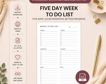 Five Day Week To Do List | Monday Friday Planner | Weekly Task List Printable