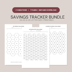 Può includere: Un pacchetto di tracker per il risparmio con tre fogli stampabili con testo nero e griglie esagonali. Le pagine includono una sfida senza spese, una sfida delle 100 buste con importi e una sfida di risparmio di 52 settimane. Testo: 2 VARIATIONS | 7 PAGES | INSTAND DOWNLOAD, SAVINGS TRACKER BUNDLE, A4 A5 & US LETTER SIZE | PRINTABLE.