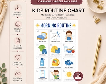 Kids Routine Chart | Morning Afternoon Evening Routine | Boy & Girl Printable
