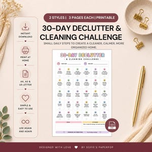 Puede incluir: Un documento imprimible de desafío de limpieza y organización de 30 días que presenta una cuadrícula de tareas diarias, numeradas del uno al treinta, con secciones para fecha de inicio, fecha de finalización, notas y recompensas.