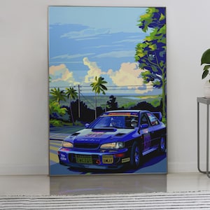 Retro car print - car art - rally art - rally car - y2k art - gamer art - driver- blue car - blue sky - jdm poster - jdm art - video game