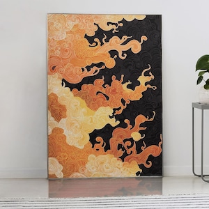 Traditionele Indonesische kunstafdruk - Javaans - Bali - Aziatisch - Zuidoost-Aziatisch - Maleis - Maleisisch - draak - oranje print - kleurrijk patroon