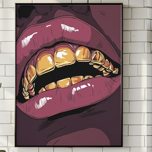 Dentes de ouro - grelhas - melanina - arte negra - anime - grillz - y2k - anos 00 - gotejamento - rizz - slay - impressão de arte - rap - hip hop - urbano - LA - NYC