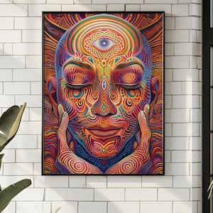 May include: A psychedelic portrait of a person with their eyes closed, featuring intricate patterns and colours in shades of orange, yellow, blue, and red. The person has a third eye in the centre of their forehead.
