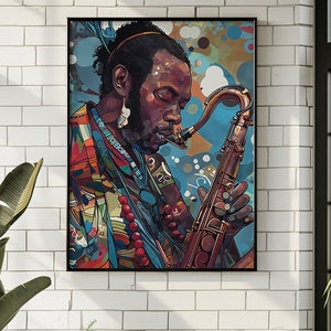 Arte de pared de músico de saxofón / cartel / decoración de pared - Arte colorido de inspiración africana