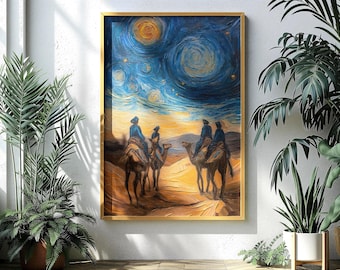 Desert art print - camels - starry night - painting print - exotic - oriental - Arabic - bedouin - North African - Sahara