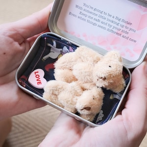 Sibling Teddy in a tin, New Baby Gift, Big Sister, Big Brother, Baby Brother, Baby Sister, Older Child anxiety aid, little friend