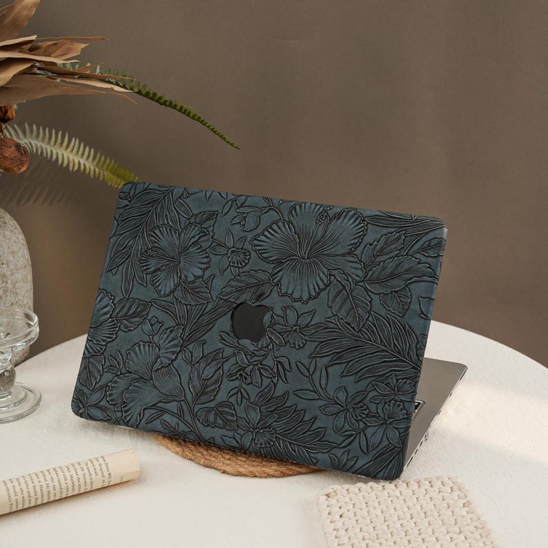 Dark Blue Elegant Floral Leather PU Mac Case MacBook Pro 13 Air 13 Air