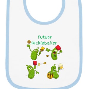 Baby Bib &quot;Future Pickleballer&quot; - Funny Pickleball Pickle Characters - So Cute!  Multi Trim Colors.  Baby shower gift.