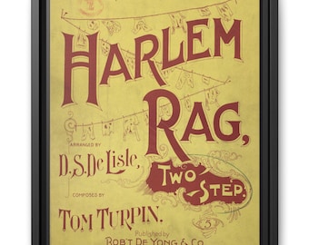 Framed Sheet Music Print &quot;Harlem Rag&quot; by Tom Turpin (1897) on Matte Canvas, Multi-color/sizes, Vintage Home Decor Wall Art